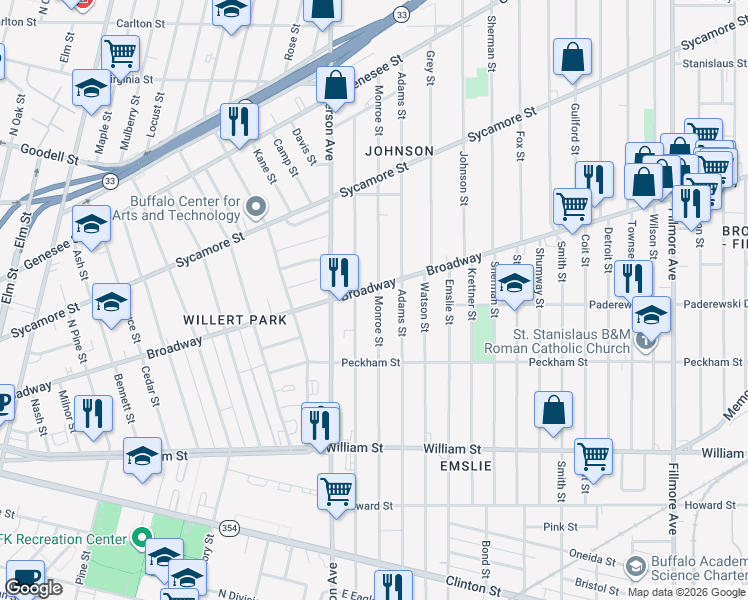 map of restaurants, bars, coffee shops, grocery stores, and more near 340 Monroe Street in Buffalo