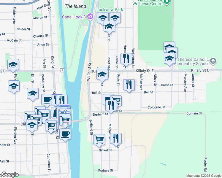 map of restaurants, bars, coffee shops, grocery stores, and more near in Port Colborne