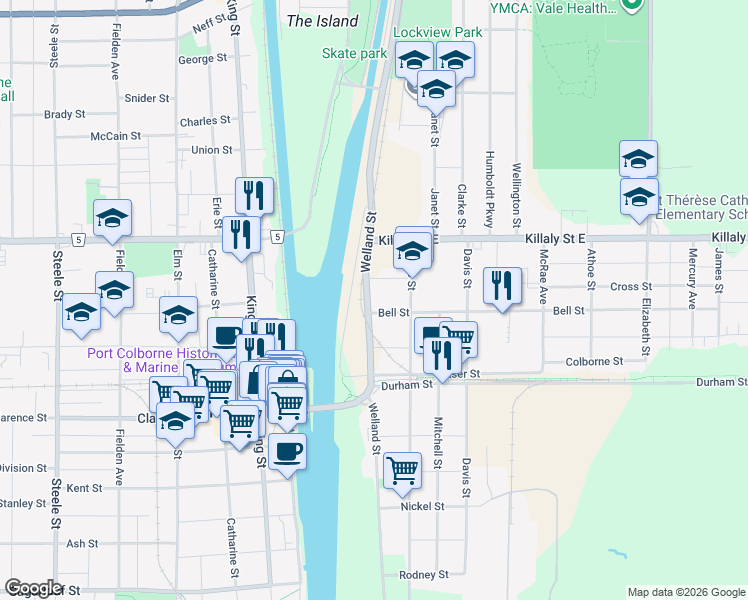 map of restaurants, bars, coffee shops, grocery stores, and more near 76 Bell Street in Port Colborne