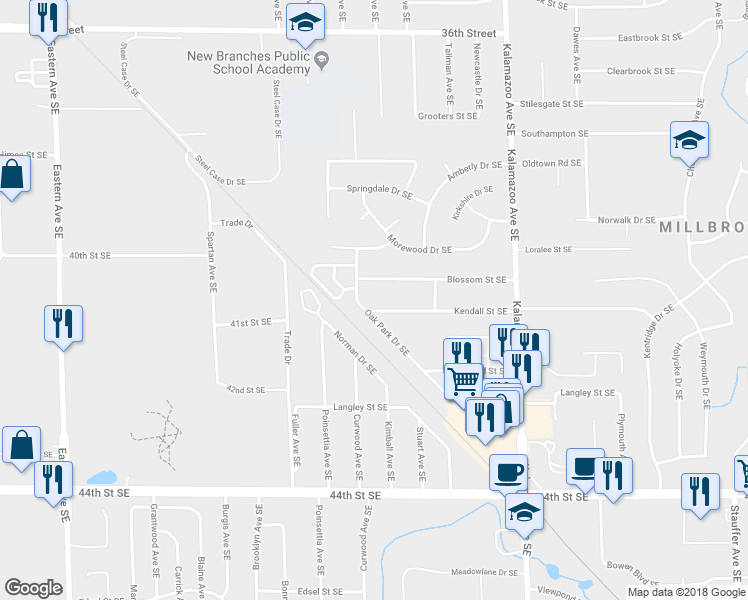 map of restaurants, bars, coffee shops, grocery stores, and more near 1333 Kendall Street Southeast in Grand Rapids