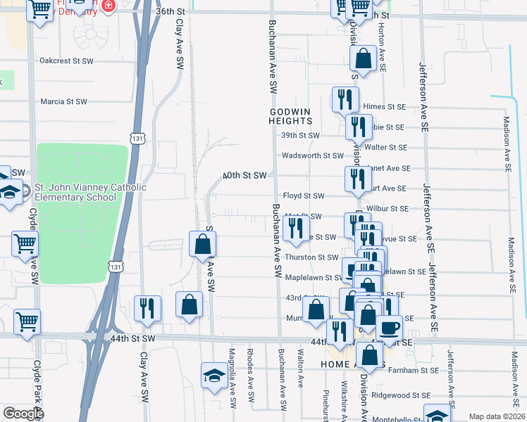 map of restaurants, bars, coffee shops, grocery stores, and more near 224 41st Street Southwest in Grand Rapids