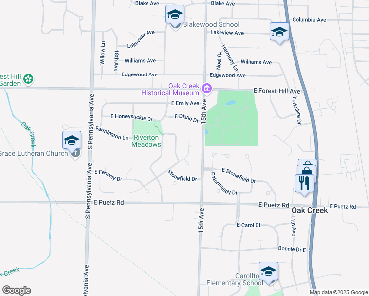 map of restaurants, bars, coffee shops, grocery stores, and more near 8510 South Woodvale Drive in Oak Creek