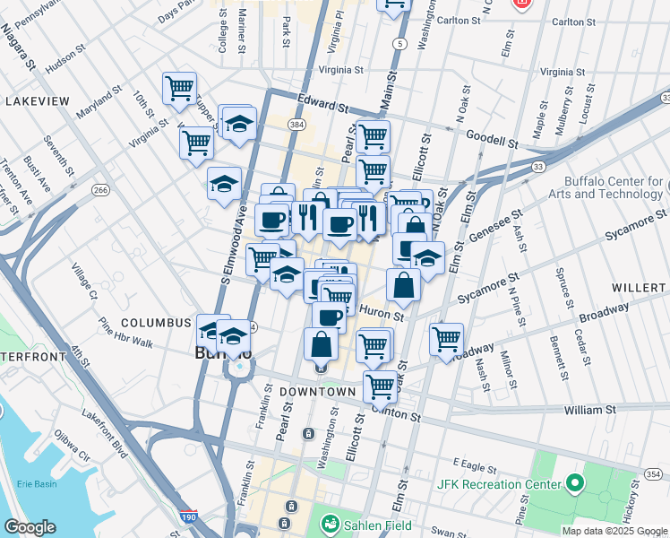 map of restaurants, bars, coffee shops, grocery stores, and more near 40 Fountain Plaza in Buffalo