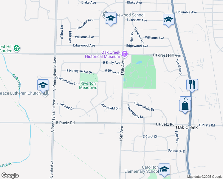 map of restaurants, bars, coffee shops, grocery stores, and more near 8510 South Woodvale Drive in Oak Creek