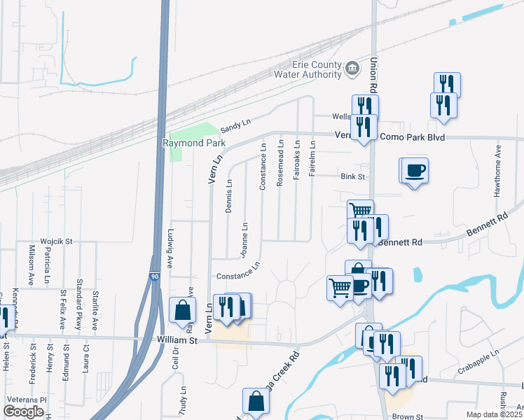 map of restaurants, bars, coffee shops, grocery stores, and more near 54 Constance Lane in Buffalo