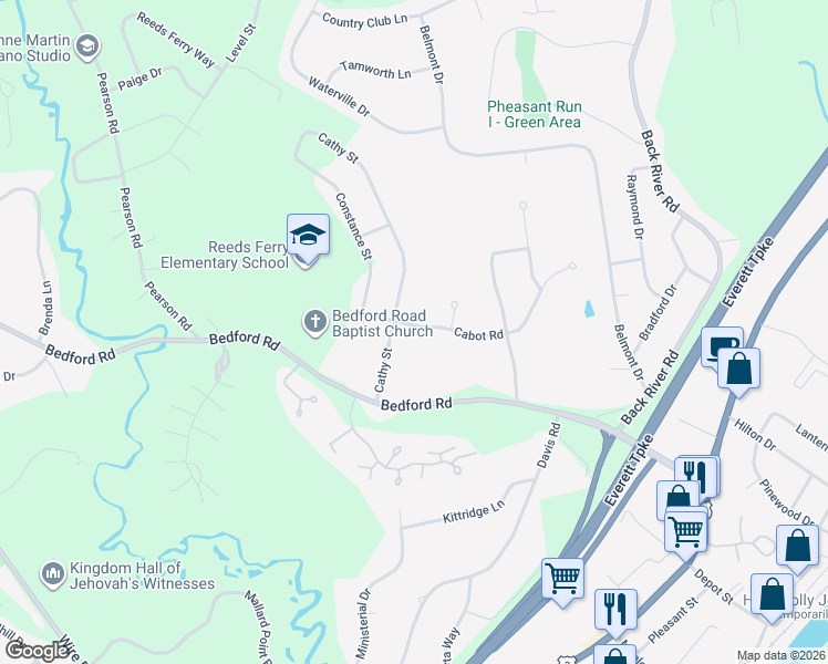 map of restaurants, bars, coffee shops, grocery stores, and more near 7 Cabot Road in Merrimack