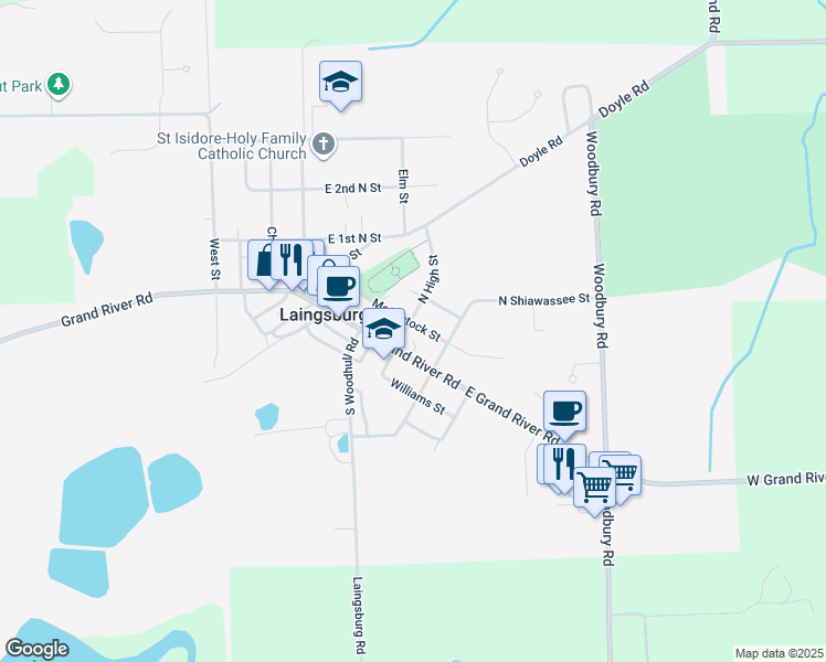 map of restaurants, bars, coffee shops, grocery stores, and more near 112 North High Street in Laingsburg