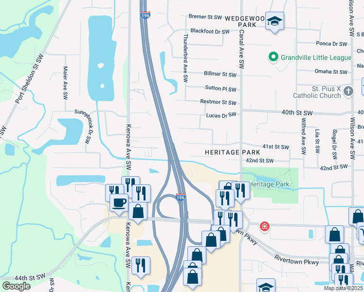 map of restaurants, bars, coffee shops, grocery stores, and more near 4608 41st Street Southwest in Grandville