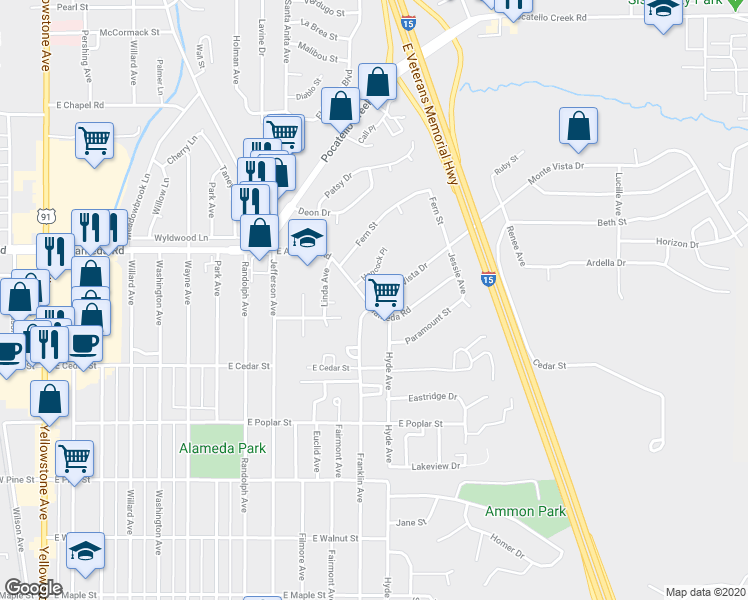 map of restaurants, bars, coffee shops, grocery stores, and more near 1256 East Alameda Road in Pocatello