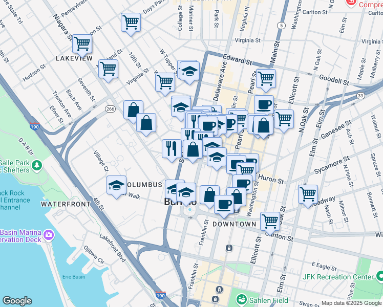 map of restaurants, bars, coffee shops, grocery stores, and more near 200 Delaware Avenue in Buffalo