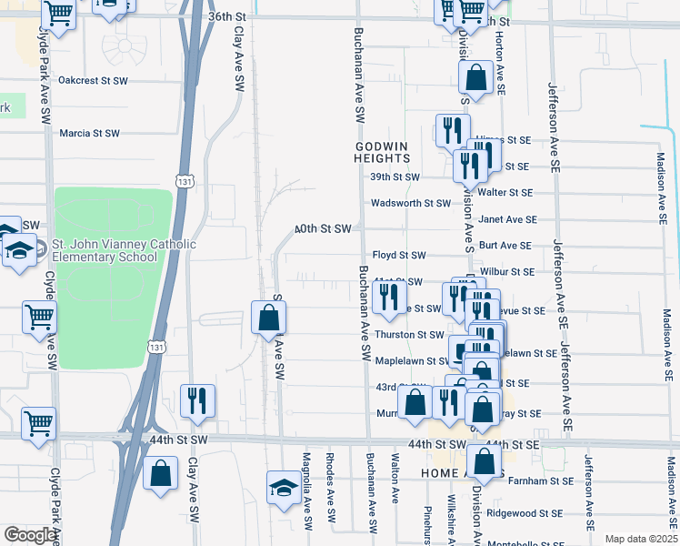map of restaurants, bars, coffee shops, grocery stores, and more near 224 41st Street Southwest in Grand Rapids