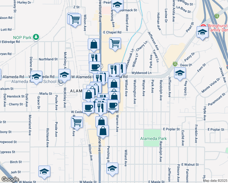 map of restaurants, bars, coffee shops, grocery stores, and more near 800 Yellowstone Avenue in Pocatello