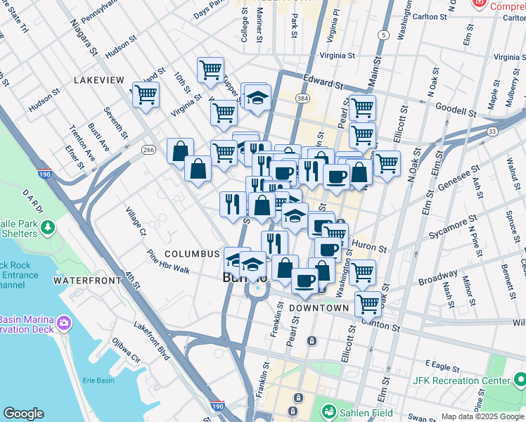 map of restaurants, bars, coffee shops, grocery stores, and more near 200 Delaware Avenue in Buffalo