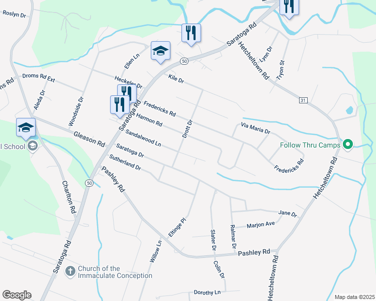 map of restaurants, bars, coffee shops, grocery stores, and more near 38 Sandalwood Lane in Schenectady