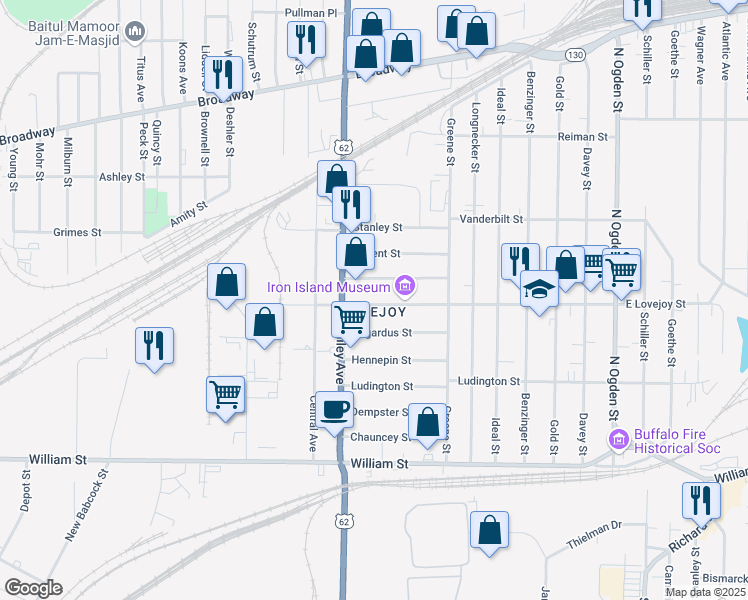 map of restaurants, bars, coffee shops, grocery stores, and more near 957 East Lovejoy Street in Buffalo