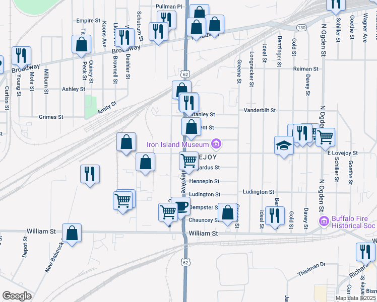 map of restaurants, bars, coffee shops, grocery stores, and more near 1292 Bailey Avenue in Buffalo