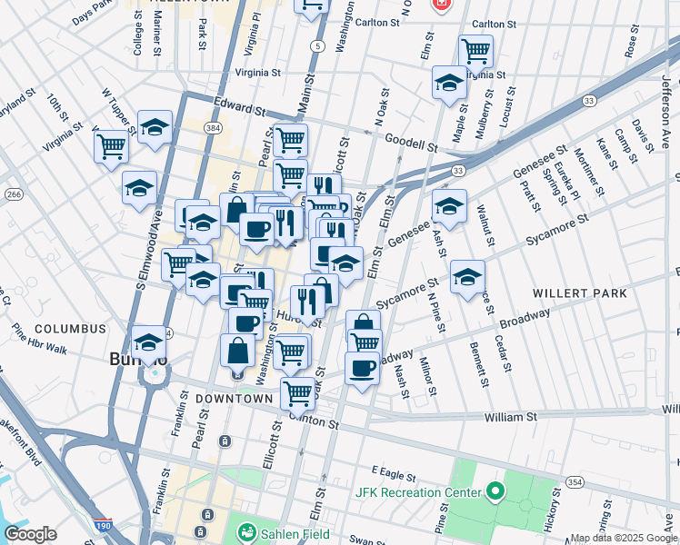 map of restaurants, bars, coffee shops, grocery stores, and more near 111 Genesee Street in Buffalo