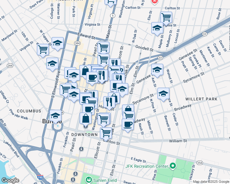 map of restaurants, bars, coffee shops, grocery stores, and more near 111 Genesee Street in Buffalo