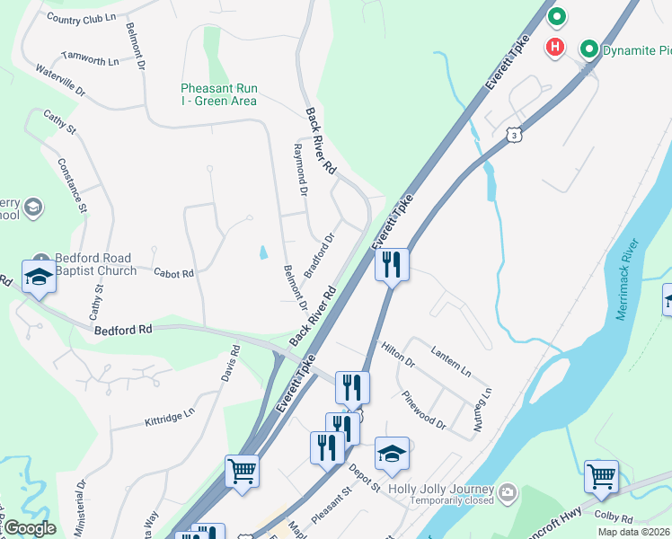 map of restaurants, bars, coffee shops, grocery stores, and more near 20 Back River Road in Merrimack