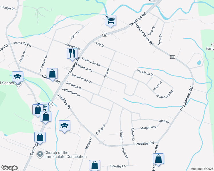 map of restaurants, bars, coffee shops, grocery stores, and more near 38 Sandalwood Lane in Schenectady