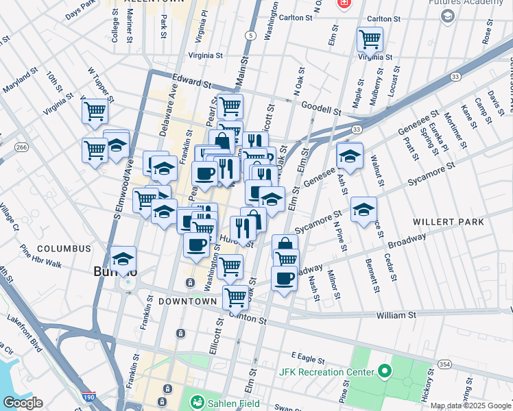 map of restaurants, bars, coffee shops, grocery stores, and more near 111 Genesee Street in Buffalo