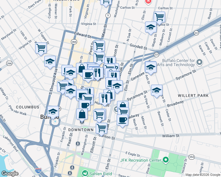map of restaurants, bars, coffee shops, grocery stores, and more near 111 Genesee Street in Buffalo