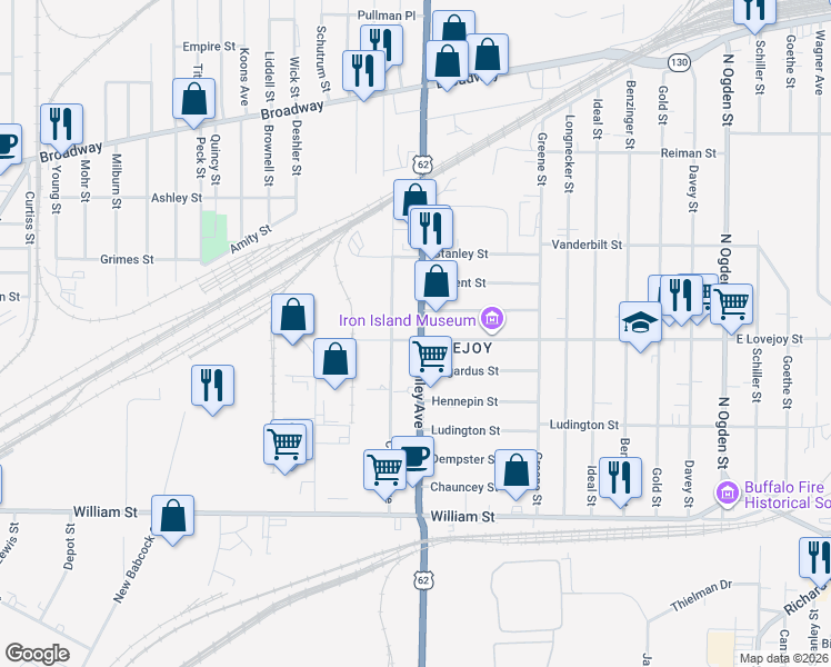 map of restaurants, bars, coffee shops, grocery stores, and more near 1310 Bailey Avenue in Buffalo