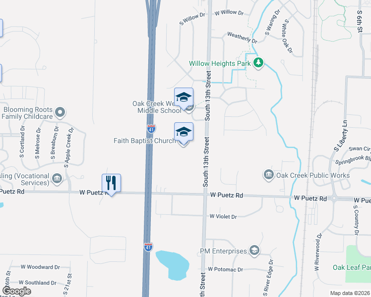 map of restaurants, bars, coffee shops, grocery stores, and more near 8519 South 13th Street in Oak Creek
