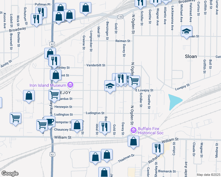 map of restaurants, bars, coffee shops, grocery stores, and more near 1150 East Lovejoy Street in Buffalo