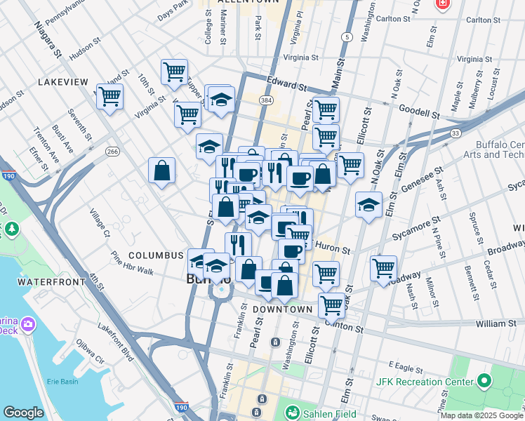 map of restaurants, bars, coffee shops, grocery stores, and more near 212 Franklin Street in Buffalo