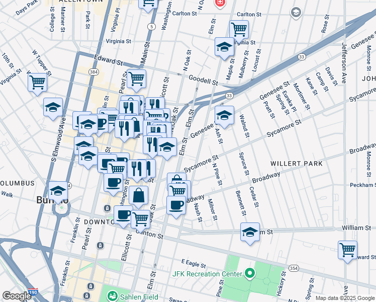 map of restaurants, bars, coffee shops, grocery stores, and more near 291 Elm Street in Buffalo