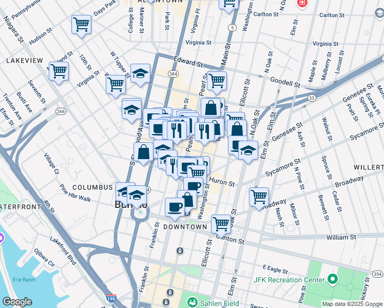 map of restaurants, bars, coffee shops, grocery stores, and more near 50 Fountain Plaza in Buffalo