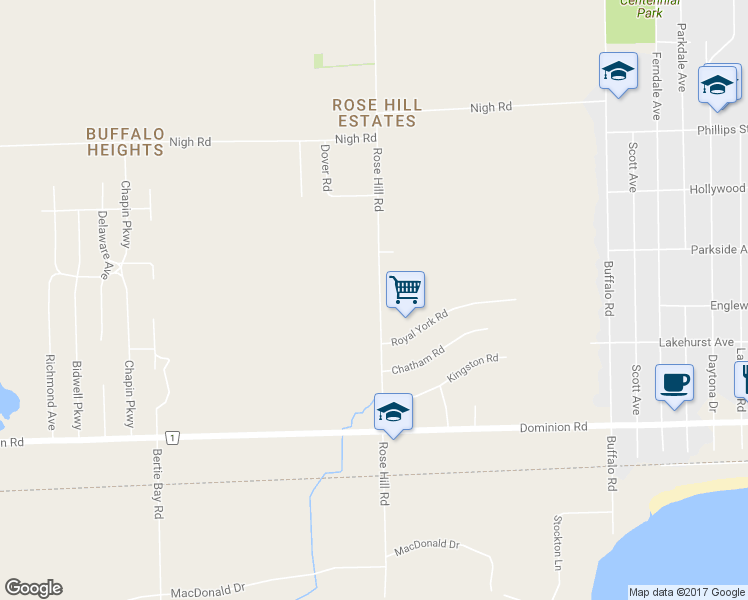 map of restaurants, bars, coffee shops, grocery stores, and more near 529 Rose Hill Road in Fort Erie