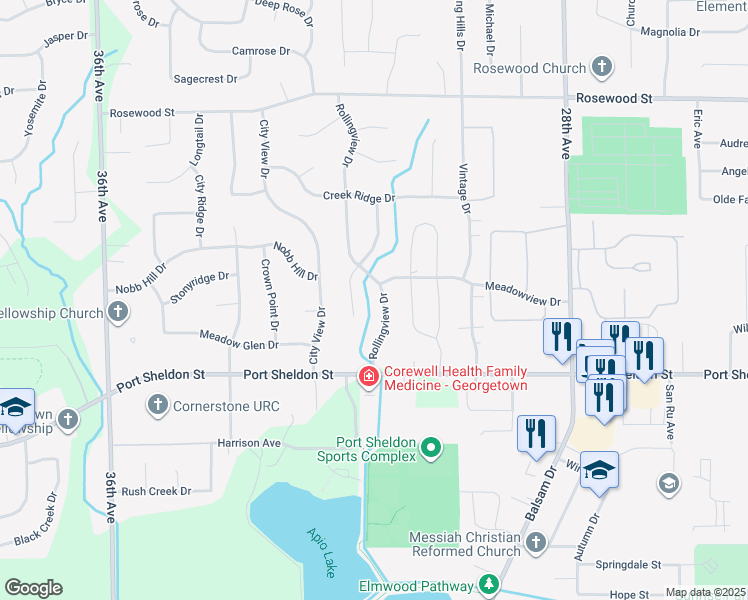 map of restaurants, bars, coffee shops, grocery stores, and more near 6615 Rollingview Drive in Hudsonville