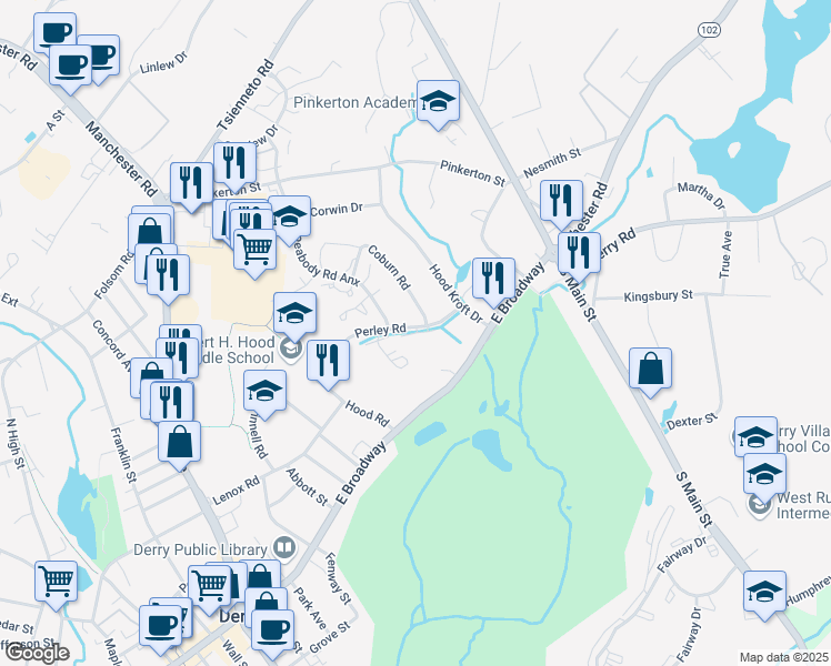 map of restaurants, bars, coffee shops, grocery stores, and more near 35 Brandywyne Common in Derry