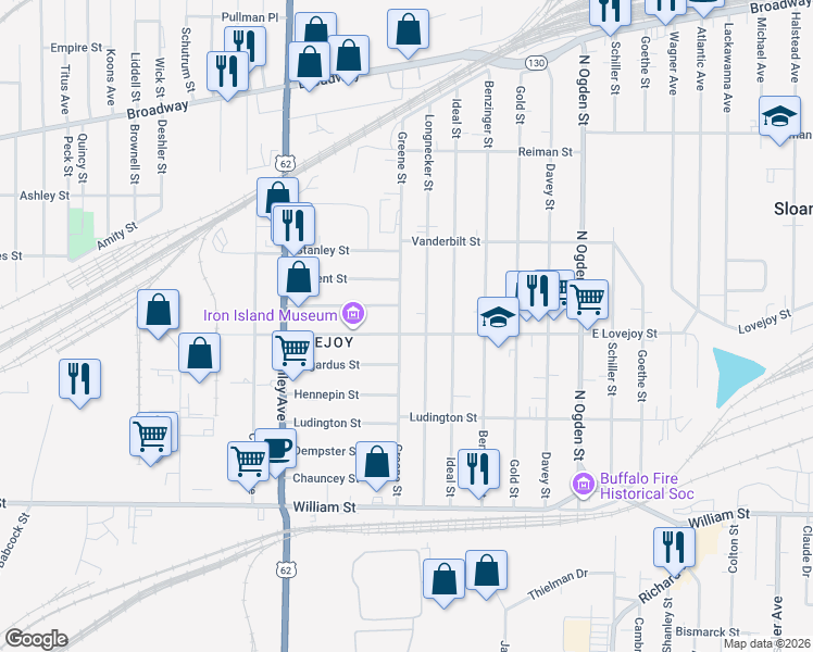 map of restaurants, bars, coffee shops, grocery stores, and more near 1033 East Lovejoy Street in Buffalo