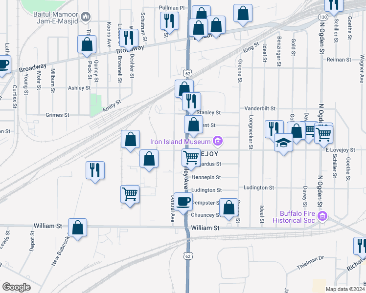 map of restaurants, bars, coffee shops, grocery stores, and more near 1292 Bailey Avenue in Buffalo