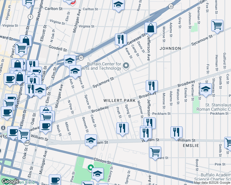 map of restaurants, bars, coffee shops, grocery stores, and more near 452 Spring Street in Buffalo
