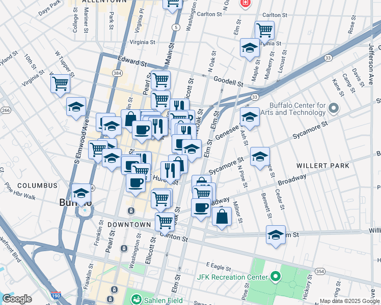 map of restaurants, bars, coffee shops, grocery stores, and more near in Buffalo