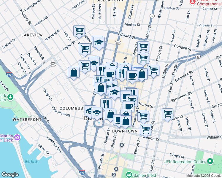 map of restaurants, bars, coffee shops, grocery stores, and more near 212 Franklin Street in Buffalo