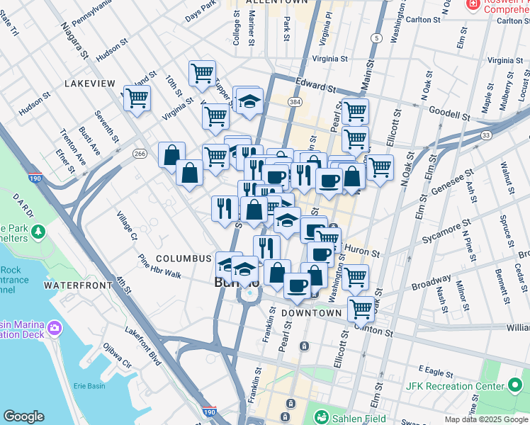 map of restaurants, bars, coffee shops, grocery stores, and more near 92 West Huron Street in Buffalo