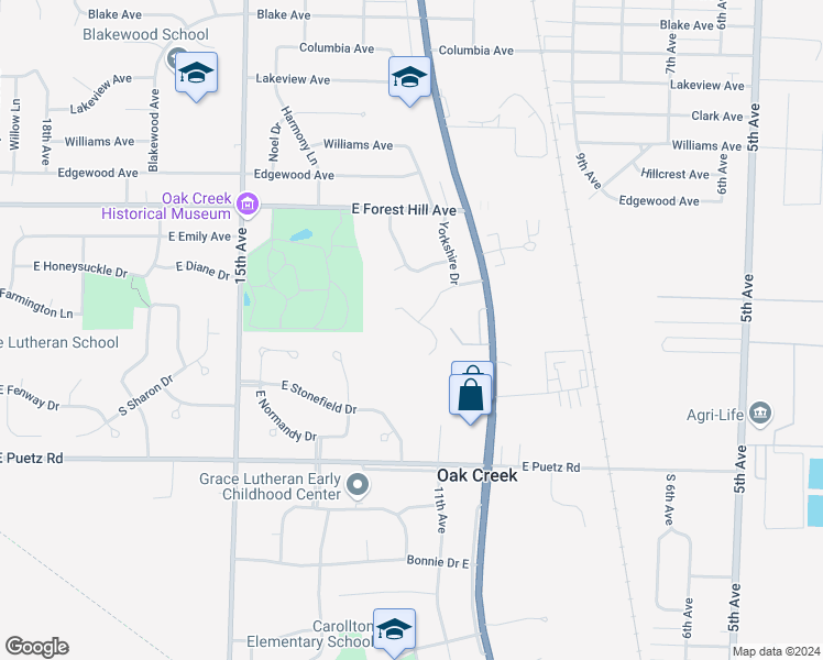 map of restaurants, bars, coffee shops, grocery stores, and more near 8485 South Ashbury Lane in Oak Creek