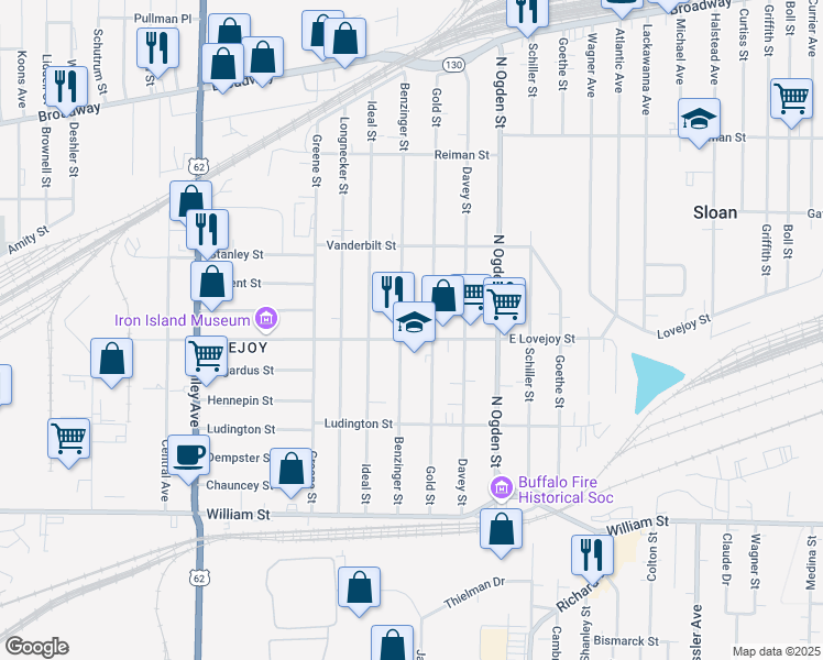 map of restaurants, bars, coffee shops, grocery stores, and more near 1146 East Lovejoy Street in Buffalo