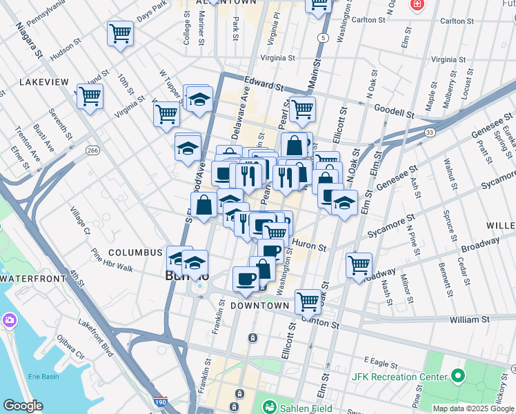 map of restaurants, bars, coffee shops, grocery stores, and more near 364 Pearl Street in Buffalo