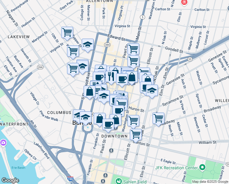 map of restaurants, bars, coffee shops, grocery stores, and more near 364 Pearl Street in Buffalo