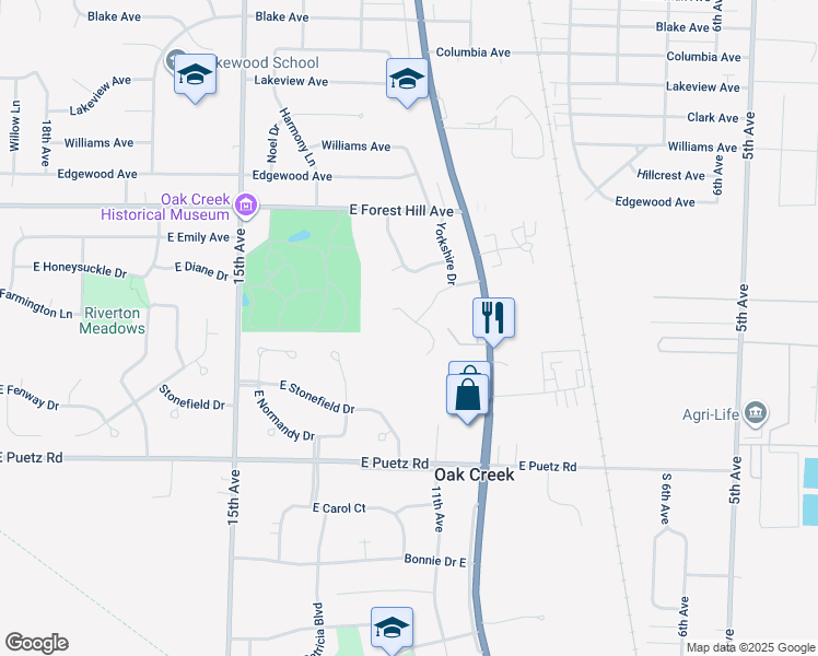 map of restaurants, bars, coffee shops, grocery stores, and more near 8485 South Ashbury Lane in Oak Creek