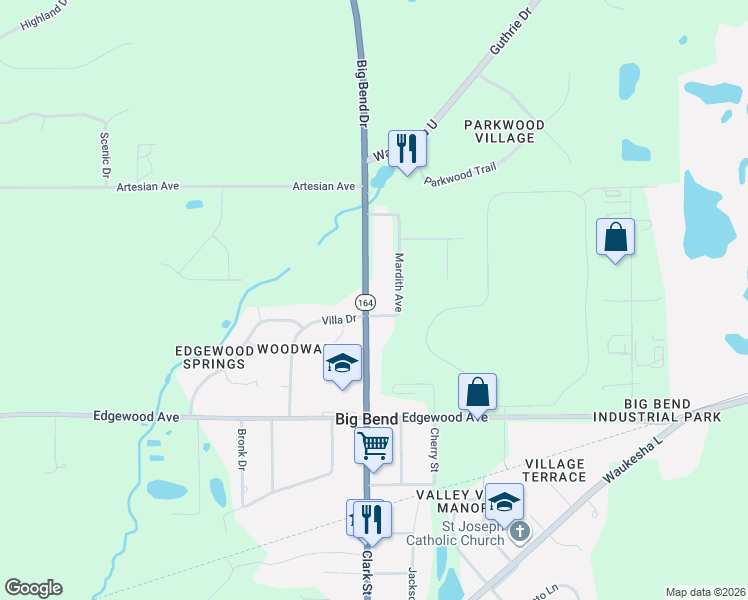 map of restaurants, bars, coffee shops, grocery stores, and more near W230S8540 Villa Drive in Big Bend