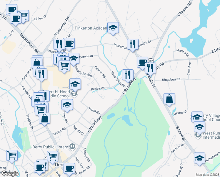 map of restaurants, bars, coffee shops, grocery stores, and more near 35 Brandywyne Common in Derry