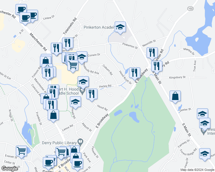 map of restaurants, bars, coffee shops, grocery stores, and more near 99 Peabody Road in Derry