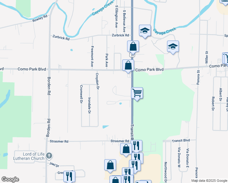 map of restaurants, bars, coffee shops, grocery stores, and more near 5050 Transit Road in Depew